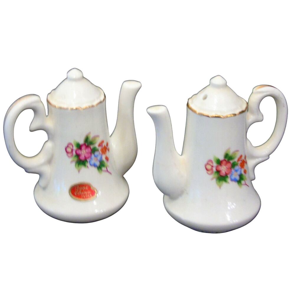 Japan Salt Pepper Shaker Set Tea Pot White Floral Bone China Mid Century Vtg